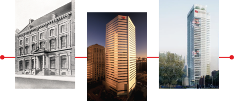 Photos représentant le siège social de la Banque Nationale en 1924, en 1983 et en 2023
