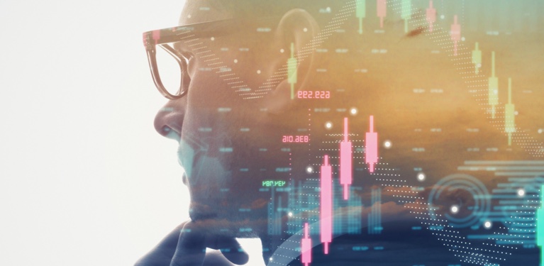 Photo of a woman thinking with overlay graphics 