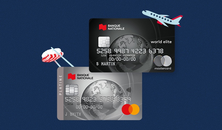 Dessin de la carte de crédit Mastercard World Elite, d’une valise et d’un avion
