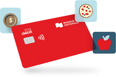 Image d’une carte débit entourée de pictogramme de pièce de monnaie, une pizza et une pomme. 