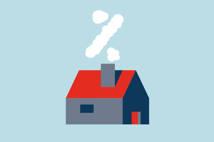 Dessin de maison avec cheminée d’où sort de la fumée formant un symbole de pourcentage 