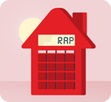 Dessin d’une maison rouge en forme de calculatrice où est inscrit le terme RAP 