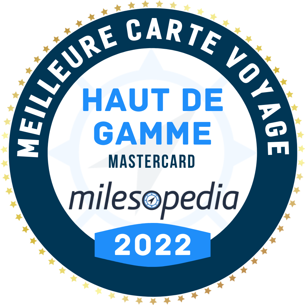 Picto de badge avec l’intitulé meilleure carte voyage haut de gamme Mastercard Milesopedia 2022 