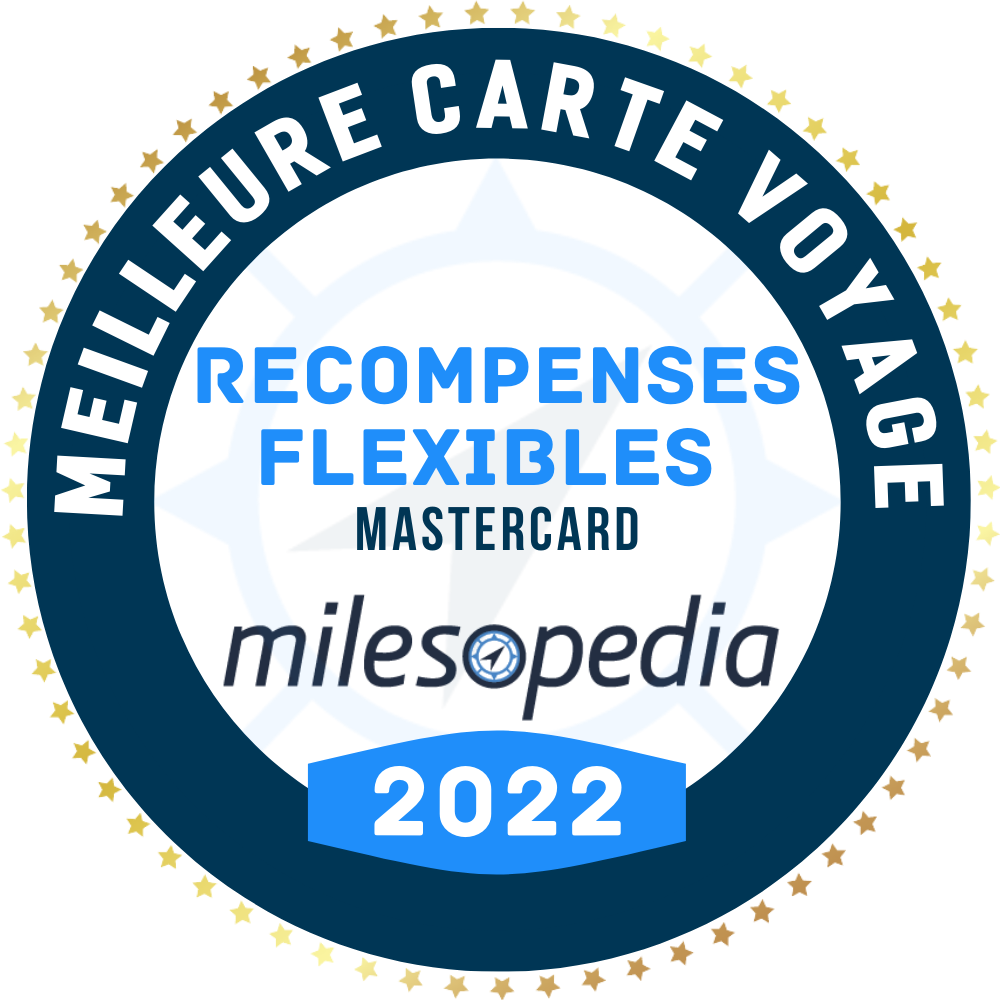 Picto de badge avec l’intitulé  meilleure carte voyage récompenses flexibles Mastercard Milesopedia 2022
