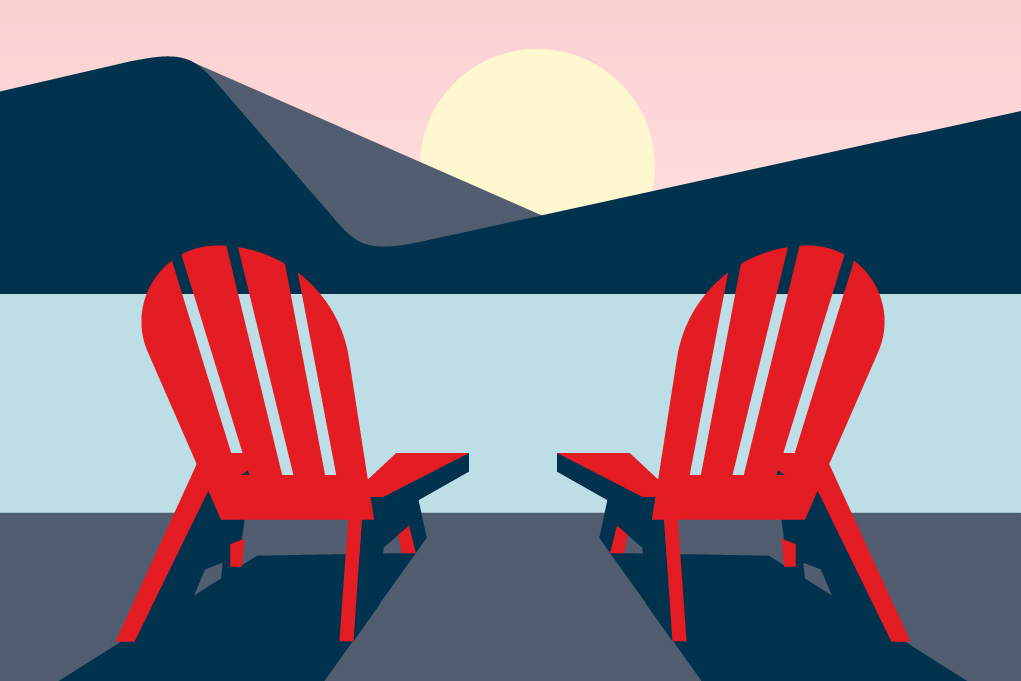 Dessin de deux chaises rouges devant un lac et un coucher de soleil