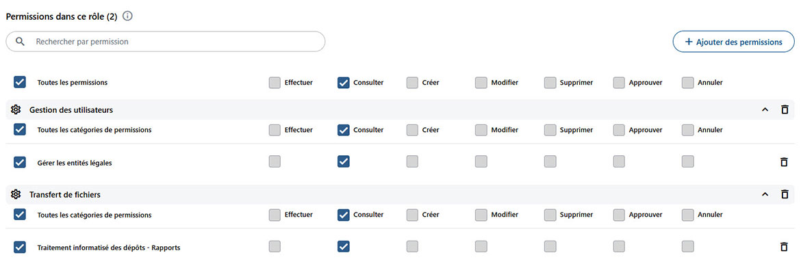 Capture d’écran qui illustre les droits et permissions disponibles. 