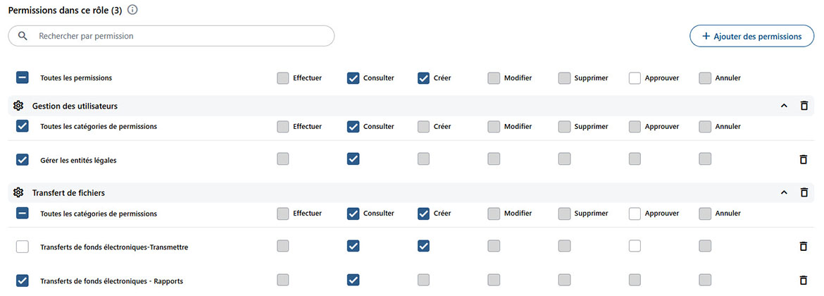 Capture d’écran qui illustre les droits et permissions disponibles. 
