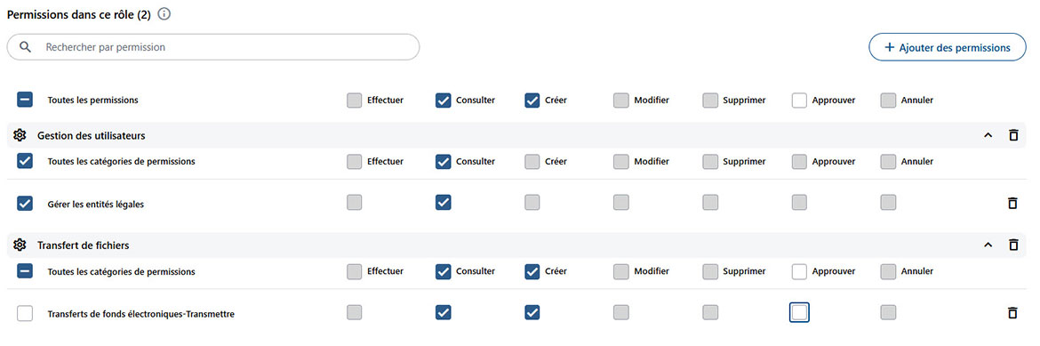 Capture d’écran qui illustre les droits et permissions disponibles. 