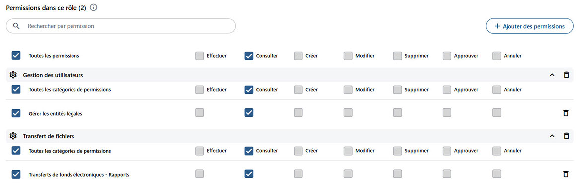 Capture d’écran qui illustre les droits et permissions disponibles. 