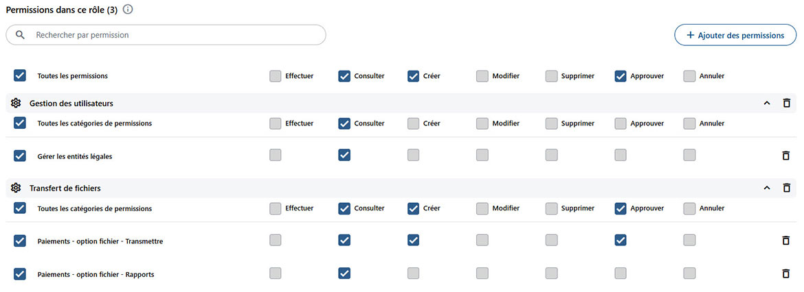 Capture d’écran qui illustre les droits et permissions disponibles. 