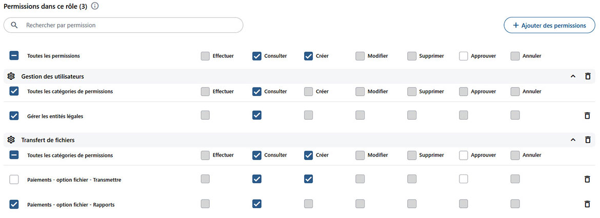 Capture d’écran qui illustre les droits et permissions disponibles. 