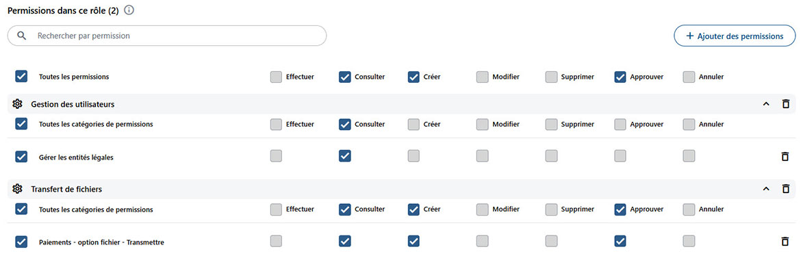 Capture d’écran qui illustre les droits et permissions disponibles. 