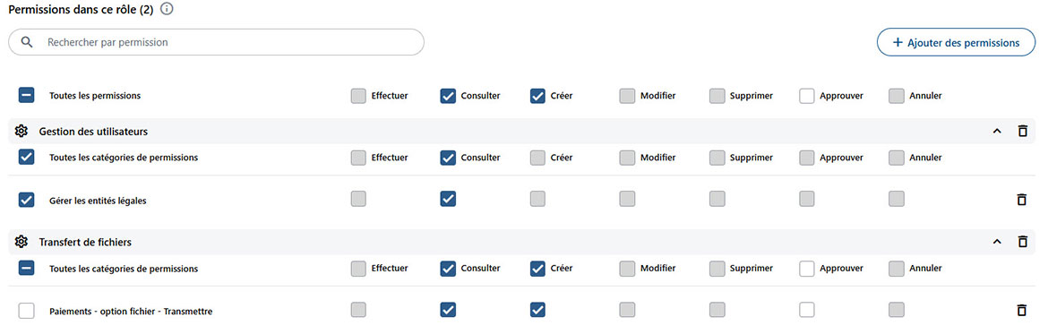 Capture d’écran qui illustre les droits et permissions disponibles. 
