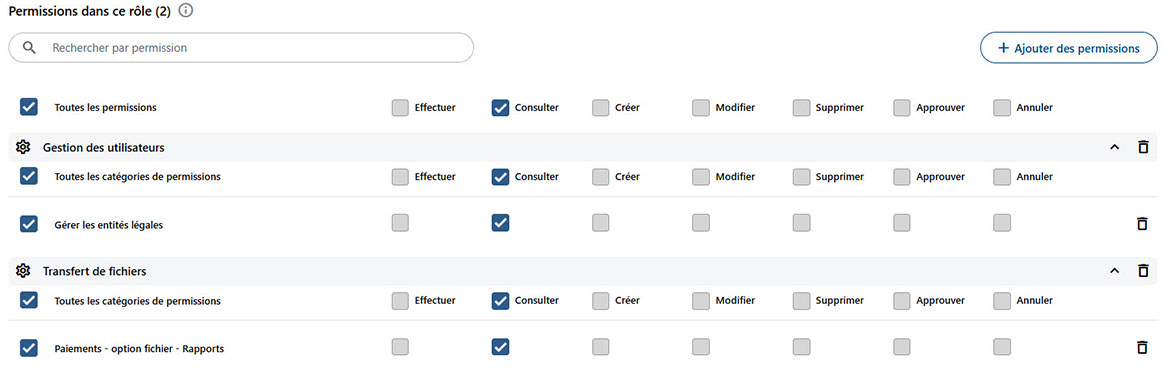 Capture d’écran qui illustre les droits et permissions disponibles. 