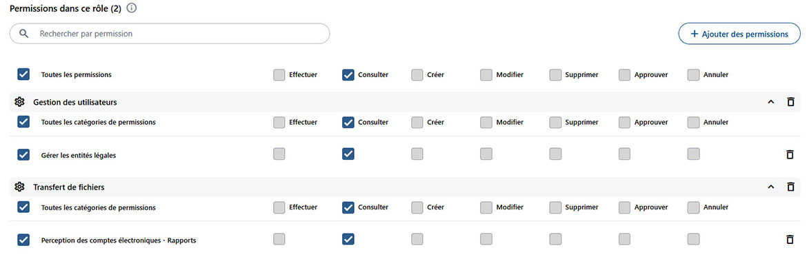 Capture d’écran qui illustre les droits et permissions disponibles. 