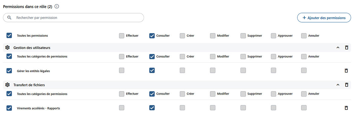 Capture d’écran qui illustre les droits et permissions disponibles. 