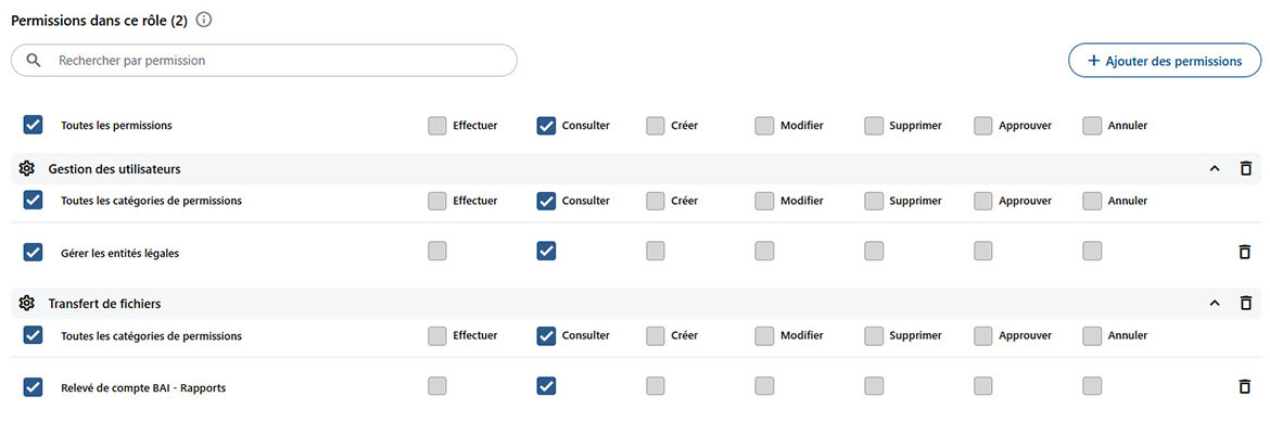 Capture d’écran qui illustre les droits et permissions disponibles. 