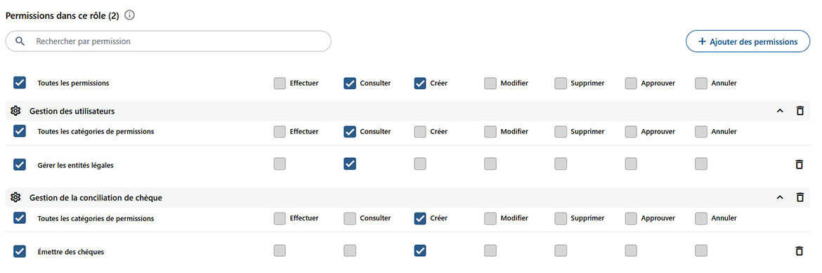 Capture d’écran qui illustre les droits et permissions disponibles. 