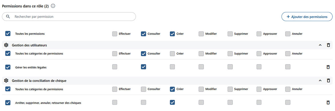 Capture d’écran qui illustre les droits et permissions disponibles. 