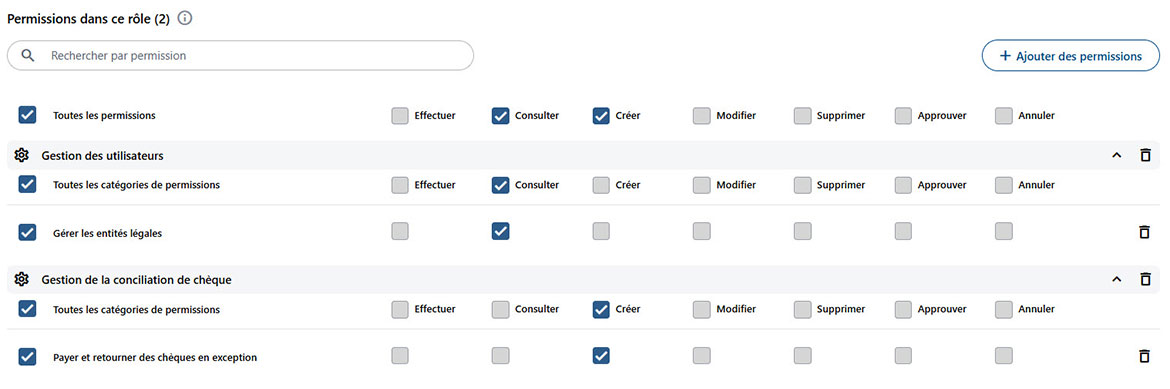 Capture d’écran qui illustre les droits et permissions disponibles. 
