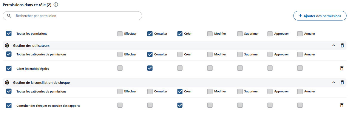 Capture d’écran qui illustre les droits et permissions disponibles. 