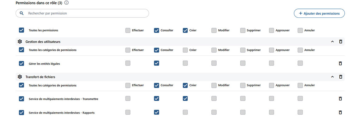 Capture d’écran qui illustre les droits et permissions disponibles. 