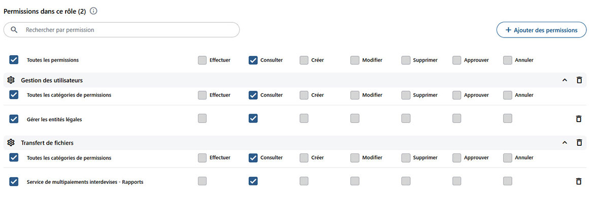 Capture d’écran qui illustre les droits et permissions disponibles. 