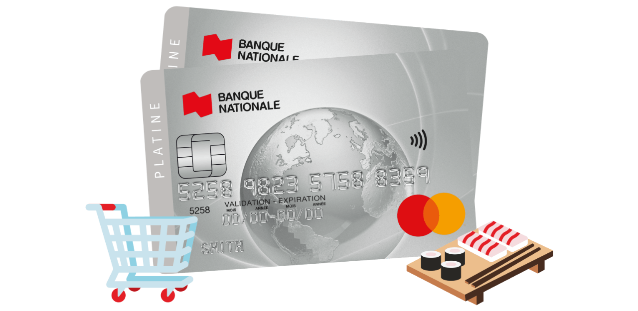 Photo de deux cartes de crédit Mastercard Platine de la Banque Nationale avec un chariot d’épicerie et des sushis
