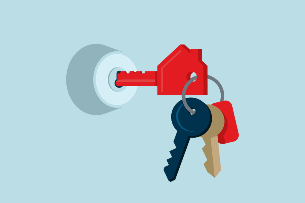 Illustration of a key in the shape of a house inside a lock 