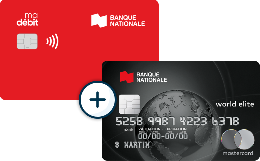 Photo d'une carte de débit et d’une carte de crédit de la Banque Nationale avec un symbole plus encerclé