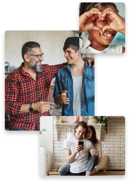 Photo pêle-mêle représentant un enfant faisant un cœur avec ses mains, un parent et son enfant souriant et un couple qui sourit en regardant un téléphone portable 